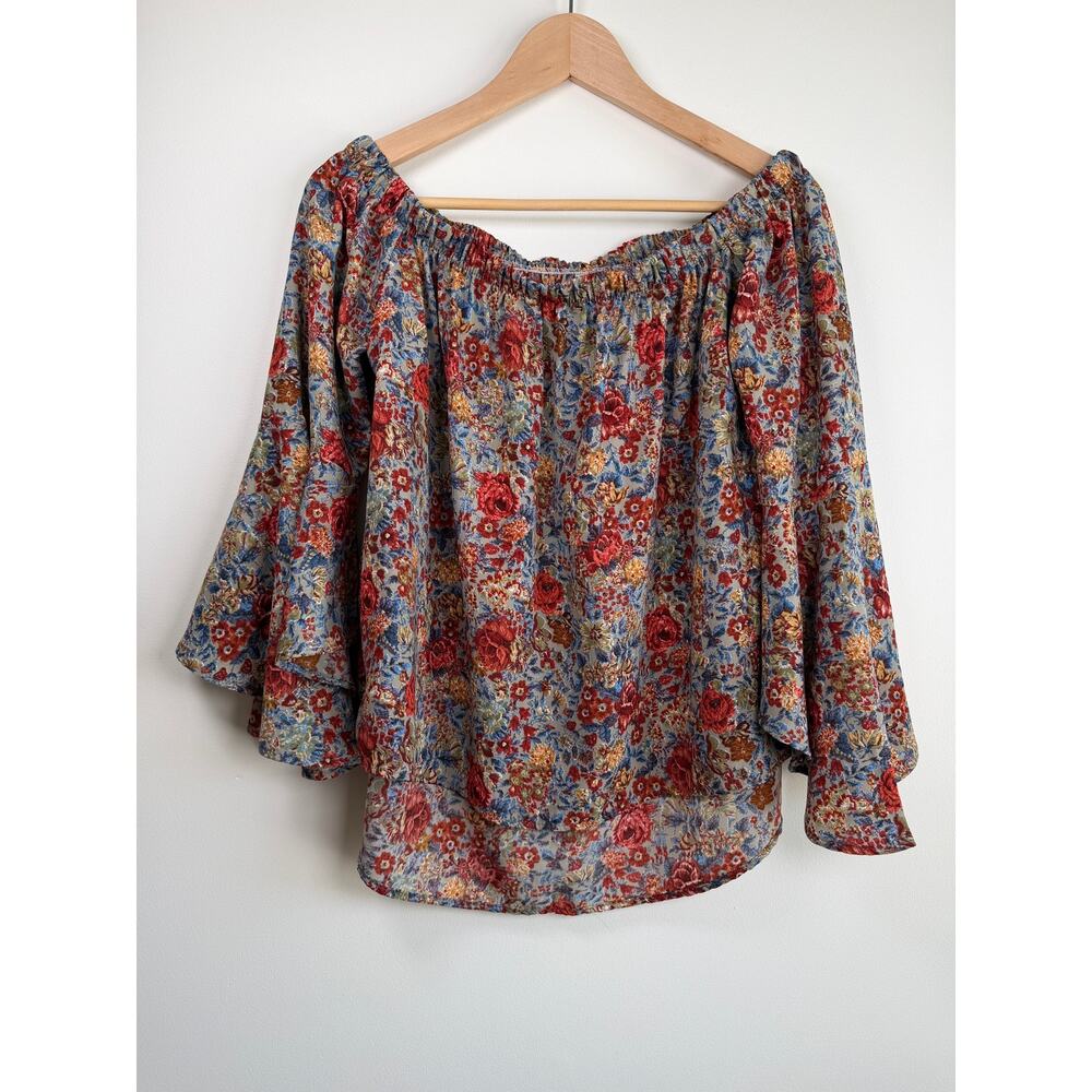 Solemio Floral Off Shoulder Bell Sleeve Boho Peasant Blouse Top Flowy Size M